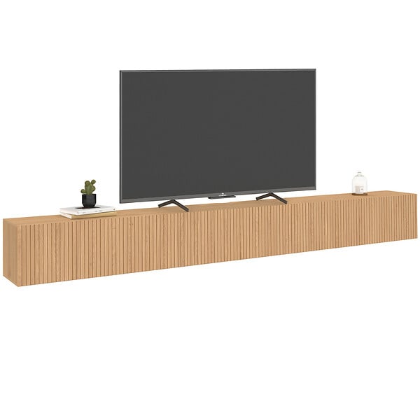 ID MARKET - Meuble TV 270 cm suspendu JULIETTE 3 portes lattes tasseau bois coloris chêne - large