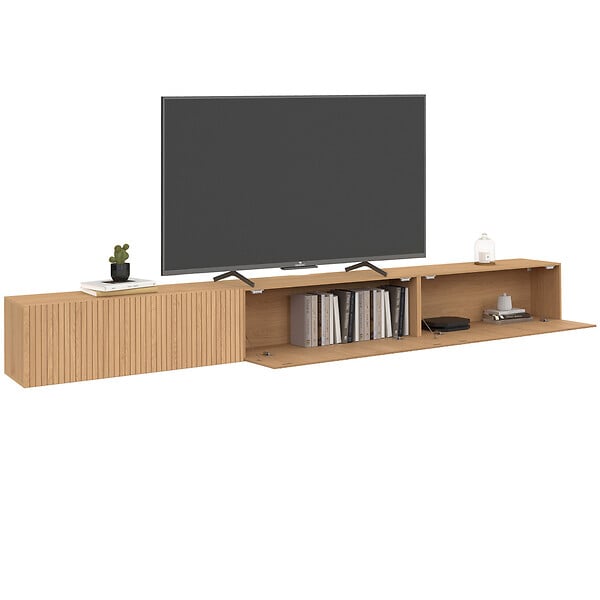 ID MARKET - Meuble TV 270 cm suspendu JULIETTE 3 portes lattes tasseau bois coloris chêne - large