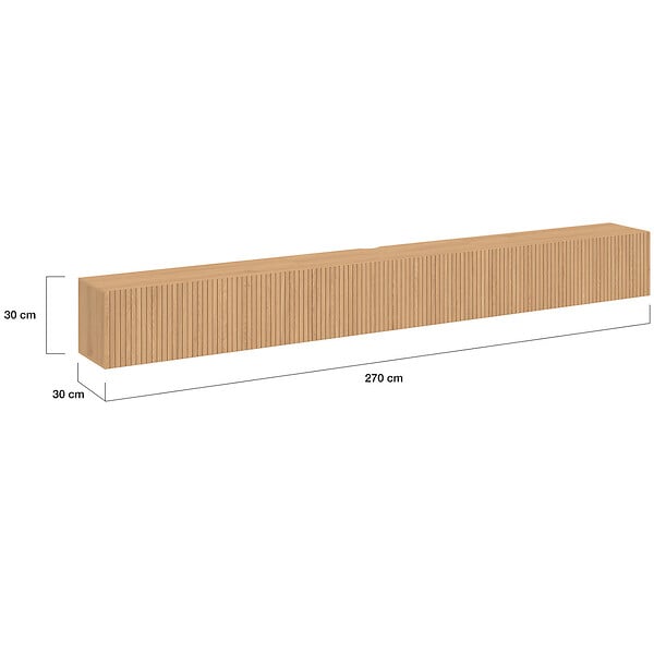 ID MARKET - Meuble TV 270 cm suspendu JULIETTE 3 portes lattes tasseau bois coloris chêne - large