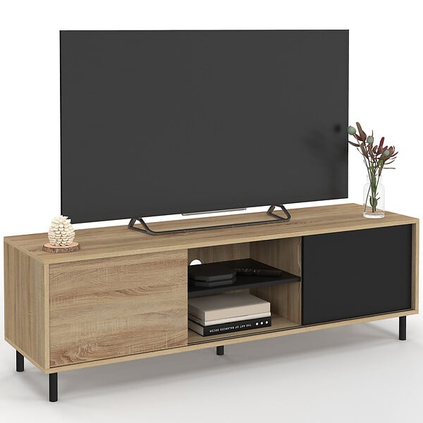 ID MARKET - Meuble TV 140 cm EASY montage sans outils 2 portes coulissantes réversibles effet bois et noir - large