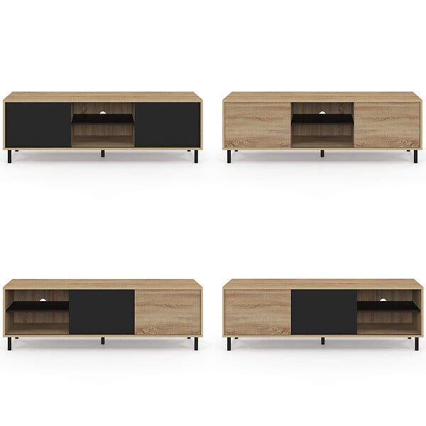 ID MARKET - Meuble TV 140 cm EASY montage sans outils 2 portes coulissantes réversibles effet bois et noir - large