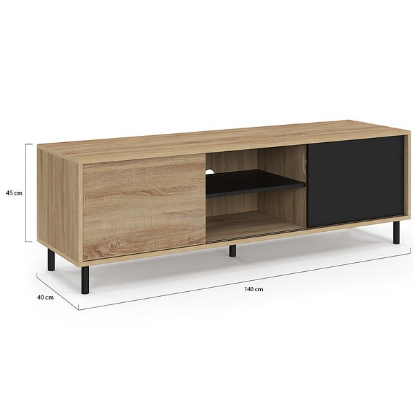 ID MARKET - Meuble TV 140 cm EASY montage sans outils 2 portes coulissantes réversibles effet bois et noir - large