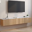 ID MARKET - Meuble TV 180 cm suspendu JULIETTE 2 portes plateau effet marbre lattes tasseau bois coloris chêne - vignette
