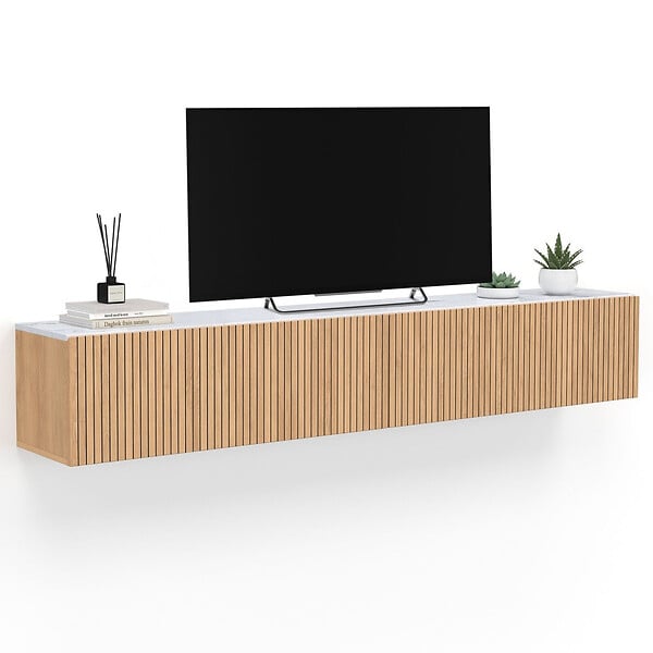 ID MARKET - Meuble TV 180 cm suspendu JULIETTE 2 portes plateau effet marbre lattes tasseau bois coloris chêne - large