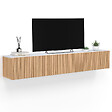 ID MARKET - Meuble TV 180 cm suspendu JULIETTE 2 portes plateau effet marbre lattes tasseau bois coloris chêne - vignette