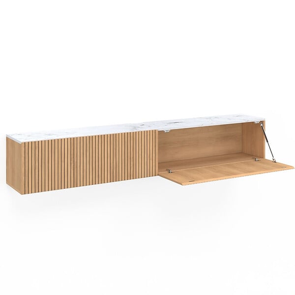 ID MARKET - Meuble TV 180 cm suspendu JULIETTE 2 portes plateau effet marbre lattes tasseau bois coloris chêne - large