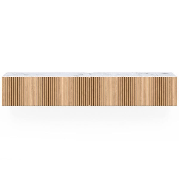 ID MARKET - Meuble TV 180 cm suspendu JULIETTE 2 portes plateau effet marbre lattes tasseau bois coloris chêne - large