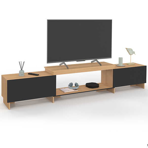 ID MARKET - Meuble TV extensible 140-240 cm VLAD 2 portes bois et noir - large