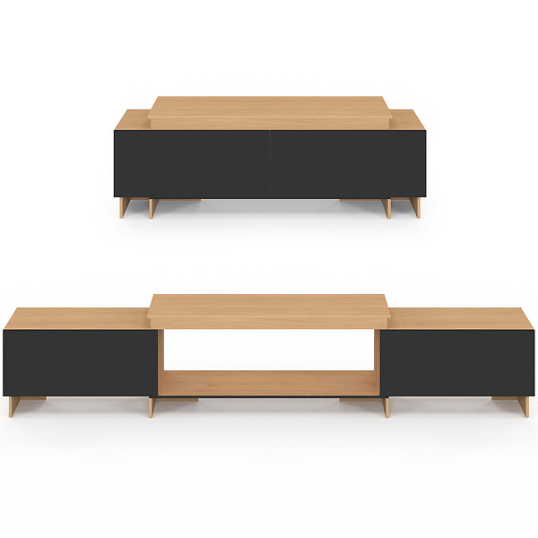 ID MARKET - Meuble TV extensible 140-240 cm VLAD 2 portes bois et noir - large