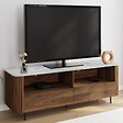 ID MARKET - Meuble TV 140 cm MARLA noyer effet lattes 2 tiroirs et plateau marbre blanc ALASKA - vignette