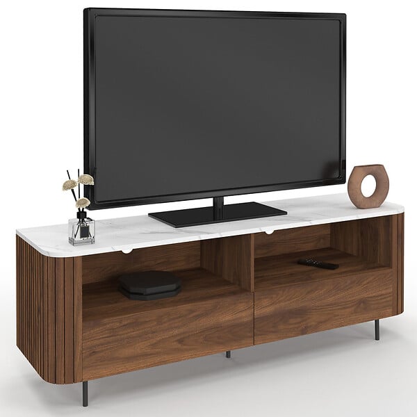 ID MARKET - Meuble TV 140 cm MARLA noyer effet lattes 2 tiroirs et plateau marbre blanc ALASKA - large