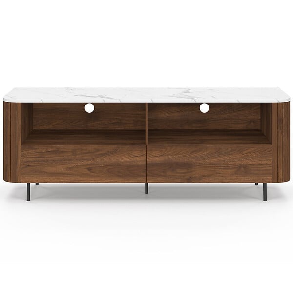 ID MARKET - Meuble TV 140 cm MARLA noyer effet lattes 2 tiroirs et plateau marbre blanc ALASKA - large