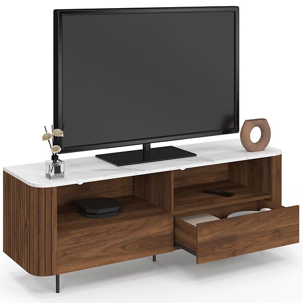 ID MARKET - Meuble TV 140 cm MARLA noyer effet lattes 2 tiroirs et plateau marbre blanc ALASKA - large