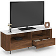 ID MARKET - Meuble TV 140 cm MARLA noyer effet lattes 2 tiroirs et plateau marbre blanc ALASKA - vignette