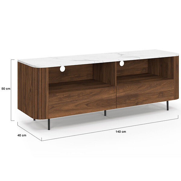 ID MARKET - Meuble TV 140 cm MARLA noyer effet lattes 2 tiroirs et plateau marbre blanc ALASKA - large
