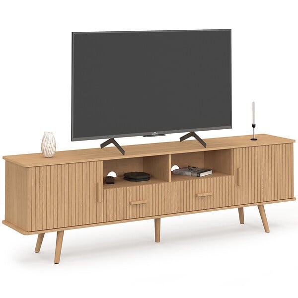 ID MARKET - Meuble TV 180 cm JULIETTE 2 portes et 2 tiroirs lattes tasseau bois coloris chêne - large