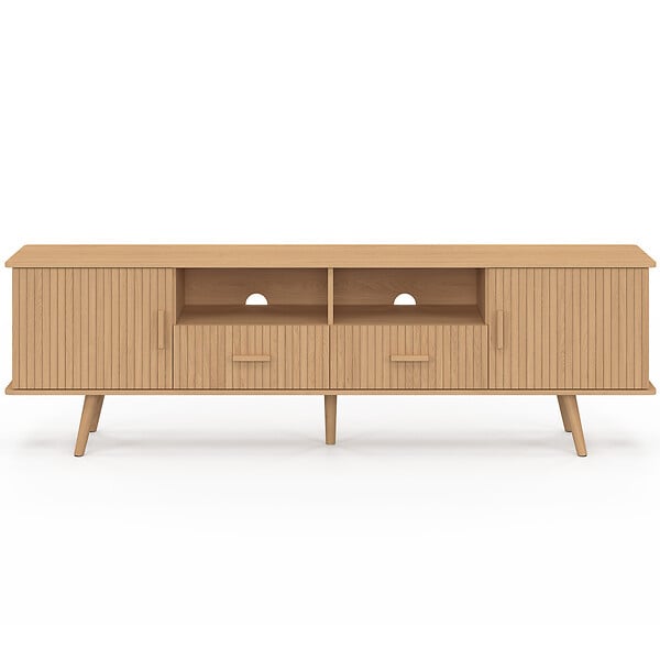 ID MARKET - Meuble TV 180 cm JULIETTE 2 portes et 2 tiroirs lattes tasseau bois coloris chêne - large