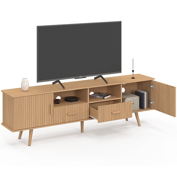ID MARKET - Meuble TV 180 cm JULIETTE 2 portes et 2 tiroirs lattes tasseau bois coloris chêne - large
