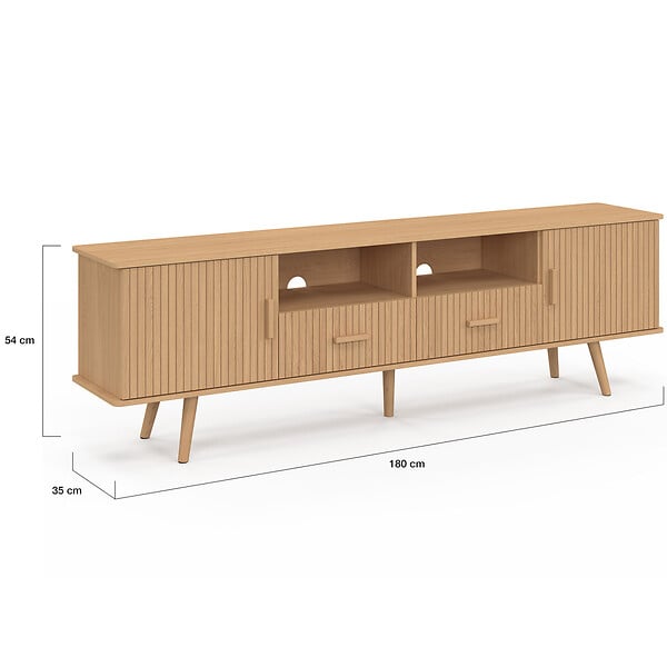 ID MARKET - Meuble TV 180 cm JULIETTE 2 portes et 2 tiroirs lattes tasseau bois coloris chêne - large