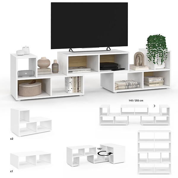 ID MARKET - Meuble TV combiné 3 pièces modulables LEONARD pour salon chambre et bureau, 140-205 x 30 x 43 cm - large