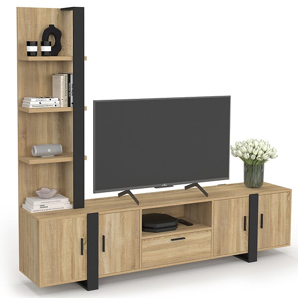 ID MARKET - Ensemble meuble TV avec étagères et placard 200 cm PHOENIX bois et noir - large
