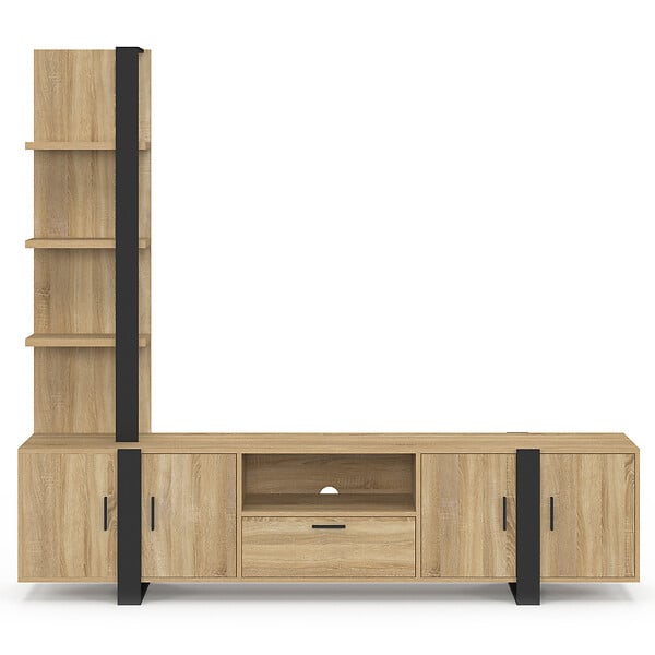 ID MARKET - Ensemble meuble TV avec étagères et placard 200 cm PHOENIX bois et noir - large