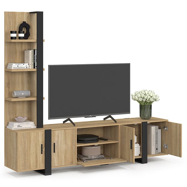 ID MARKET - Ensemble meuble TV avec étagères et placard 200 cm PHOENIX bois et noir - large