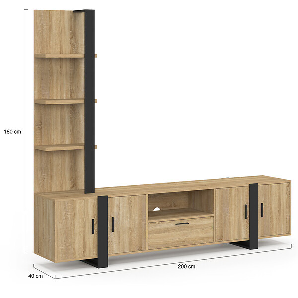 ID MARKET - Ensemble meuble TV avec étagères et placard 200 cm PHOENIX bois et noir - large