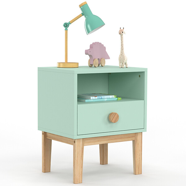 ID MARKET - Table de chevet enfant JACOB 1 tiroir + 1 niche vert d'eau et bois - large