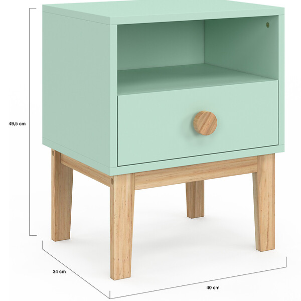 ID MARKET - Table de chevet enfant JACOB 1 tiroir + 1 niche vert d'eau et bois - large