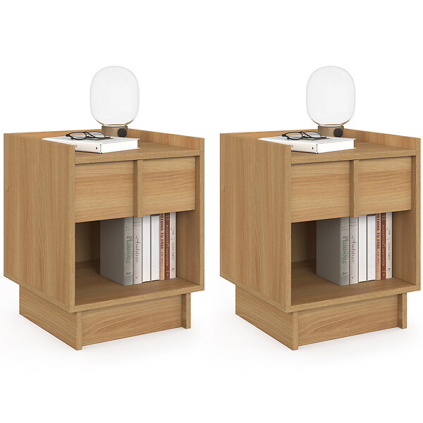ID MARKET - Lot de 2 tables de chevet ROSIE 1 tiroir et 1 niche façon hêtre design minimaliste - large