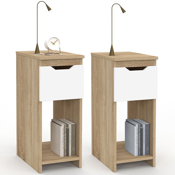 ID MARKET - Lot de 2 tables de chevet étroites ANOUK 1 tiroir avec niche bois façon hêtre et blanc - large
