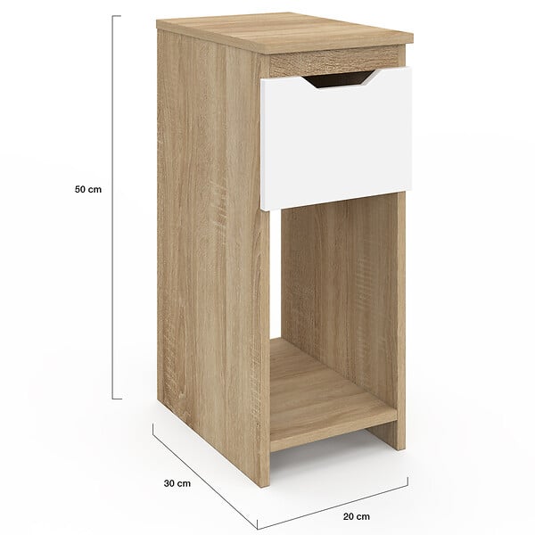ID MARKET - Lot de 2 tables de chevet étroites ANOUK 1 tiroir avec niche bois façon hêtre et blanc - large
