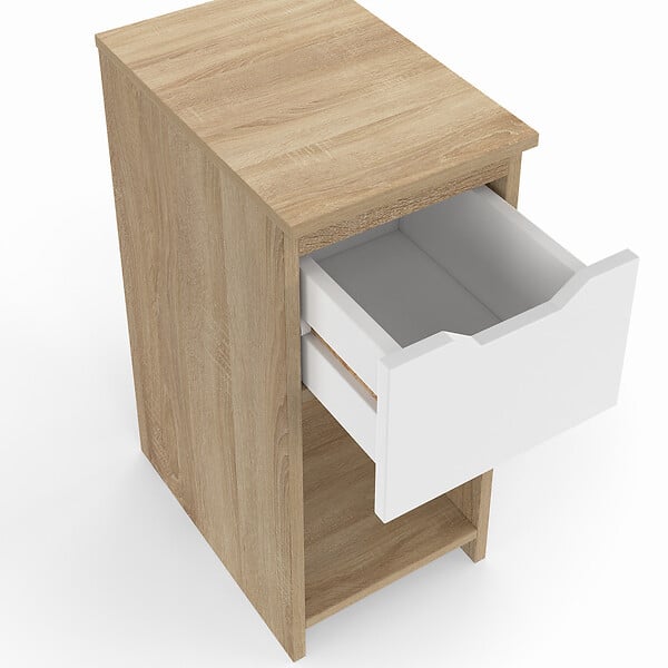 ID MARKET - Lot de 2 tables de chevet étroites ANOUK 1 tiroir avec niche bois façon hêtre et blanc - large