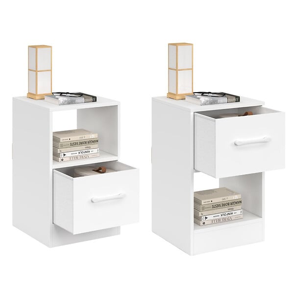 ID MARKET - Lot de 2 tables de chevet UPPAH 1 tiroir en tissu avec niche bois blanc - large