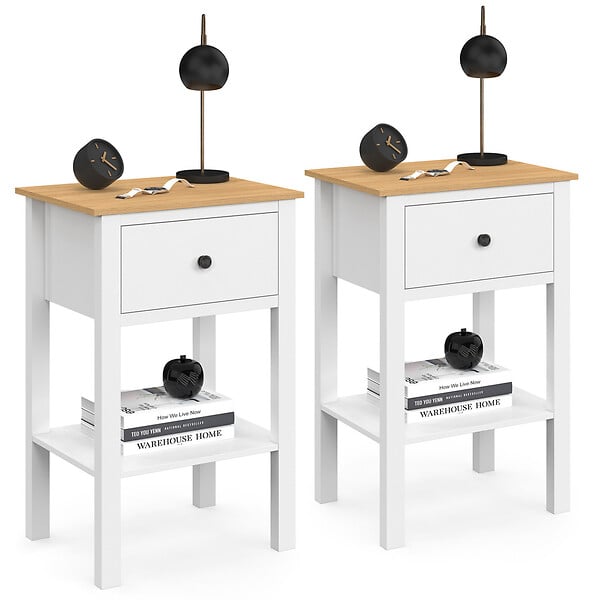 ID MARKET - Lot de 2 tables de chevet ACHILLE 1 tiroir et 1 tablette blanc et plateau bois - large
