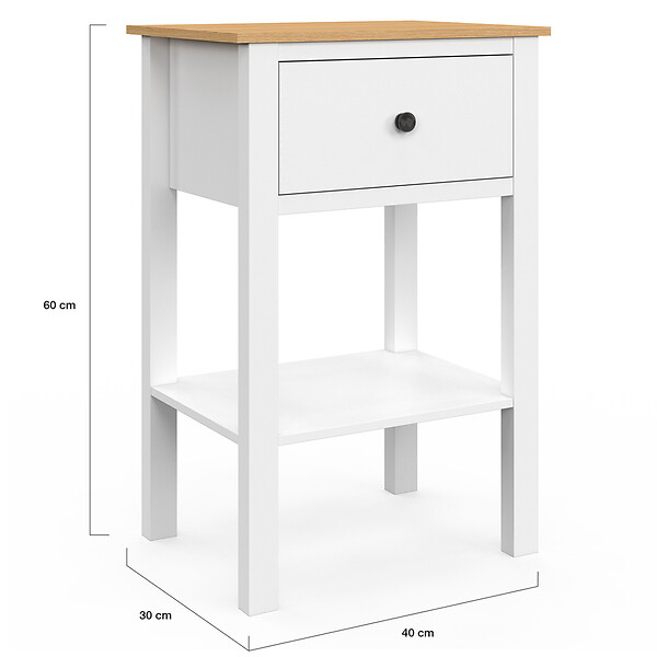 ID MARKET - Lot de 2 tables de chevet ACHILLE 1 tiroir et 1 tablette blanc et plateau bois - large