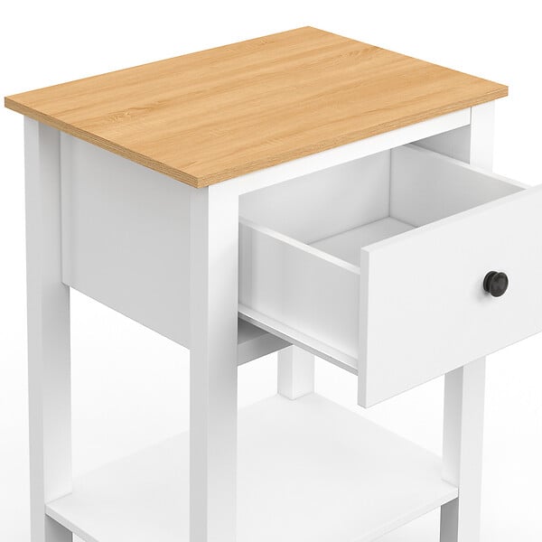 ID MARKET - Lot de 2 tables de chevet ACHILLE 1 tiroir et 1 tablette blanc et plateau bois - large