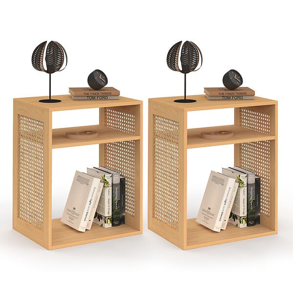 ID MARKET - Lot de 2 tables de chevet NORA avec rangements ouverts cannage et bois - large