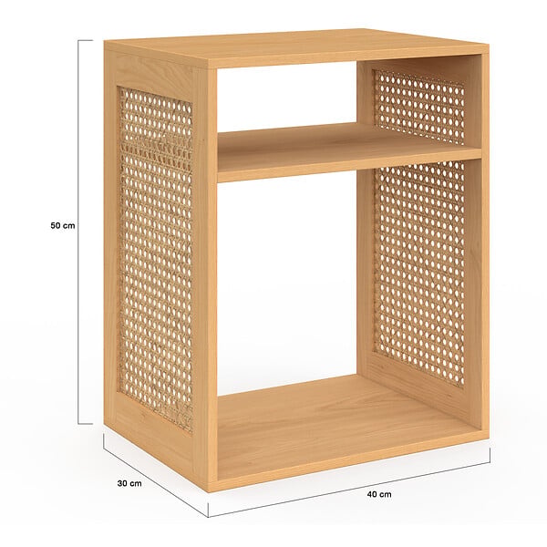 ID MARKET - Lot de 2 tables de chevet NORA avec rangements ouverts cannage et bois - large