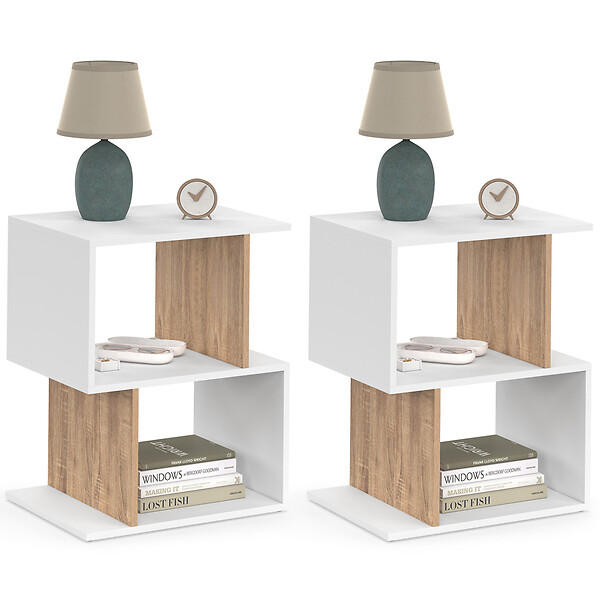 ID MARKET - Lot de 2 tables de chevet SOFIA forme S avec rangements ouverts blanc et effet hêtre - large