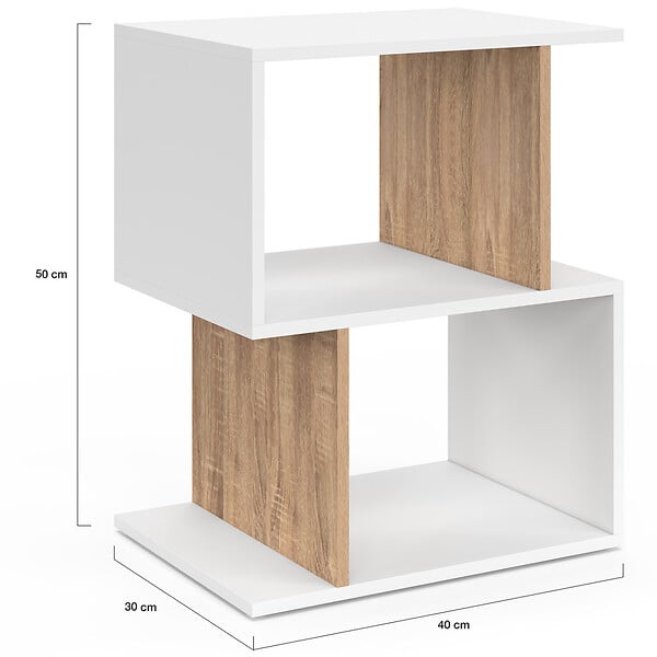 ID MARKET - Lot de 2 tables de chevet SOFIA forme S avec rangements ouverts blanc et effet hêtre - large