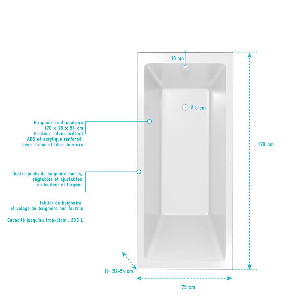 ALLIBERT - Baignoire rectangulaire 170x75x54cm avec dossier - Acrylique et ABS Blanc brillant - large