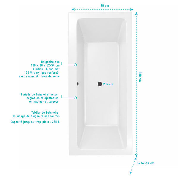 ALLIBERT - Baignoire rectangulaire duo 180x80x54cm - 100% acrylique blanc mat - Lignes droites - large