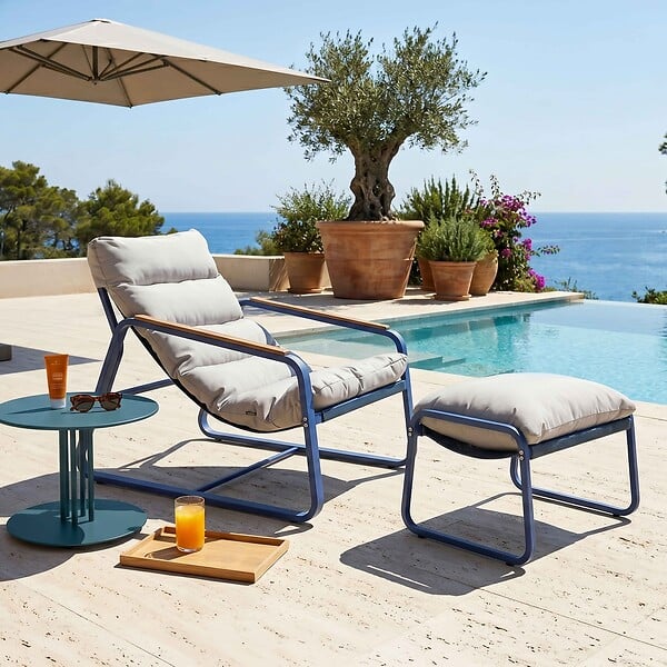 OVIALA - Fauteuil relax en acier et textilène avec repose-pieds bleu pacific - Sotia - large