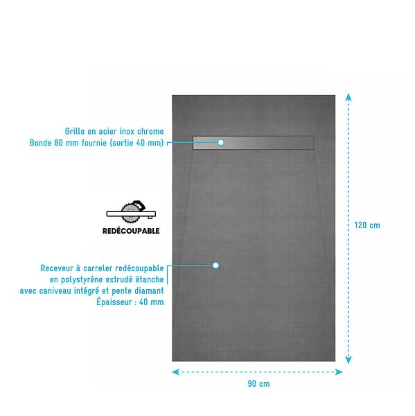 AURLANE - Receveur de douche à carreler 120x90 cm avec bonde écoulement linéaire - Grille finition chrome - large