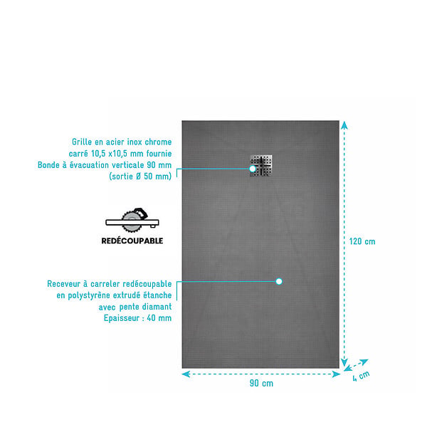 AURLANE - Receveur de Douche à Carreler 120x90cm avec Bonde à Sortie Verticale - Grille Inox Chrome - large