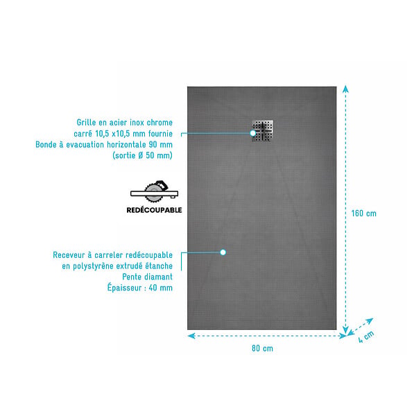 AURLANE - Receveur de douche à carreler 160x80 cm avec bonde à sortie Horizontale - Grille finition chrome - large