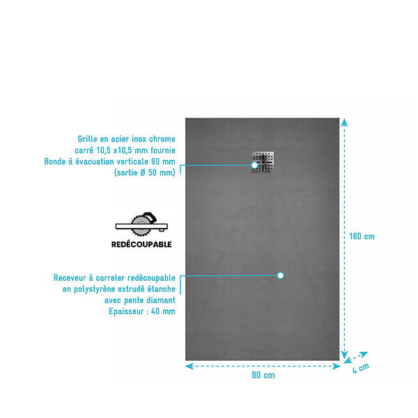 AURLANE - Receveur de Douche à Carreler 160x80cm avec Bonde à Sortie Verticale - Grille Inox Chrome - large