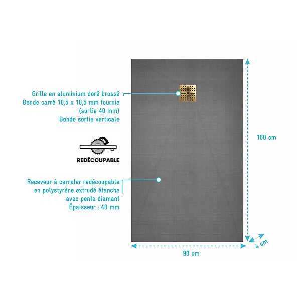 AURLANE - Receveur de Douche à Carreler 160x90cm avec Bonde à Sortie Verticale - Grille Finition Or Brossé - large